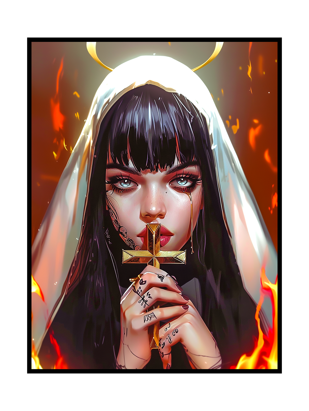 Intense religious portrait of a nun holding a golden cross in front of her lips, surrounded by flames and a glowing halo. The artwork blends gothic symbolism, religious iconography and modern illustrative realism, with dramatic lighting, detailed facial features and an atmospheric, provocative mood that creates a powerful visual statement.