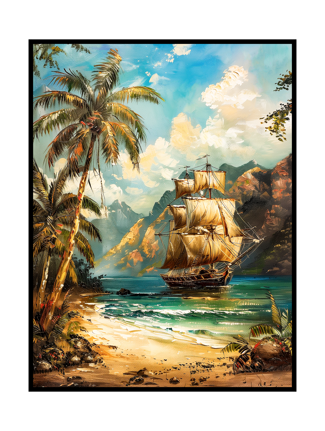 A classic wooden sailing ship with full golden sails rests in calm turquoise water near a sandy tropical shore. Tall palm trees frame the foreground while soft waves reflect warm sunlight along the beach. In the distance, rugged green mountains rise beneath a bright sky filled with light clouds, creating a peaceful coastal scene that evokes exploration, travel, and quiet adventure.