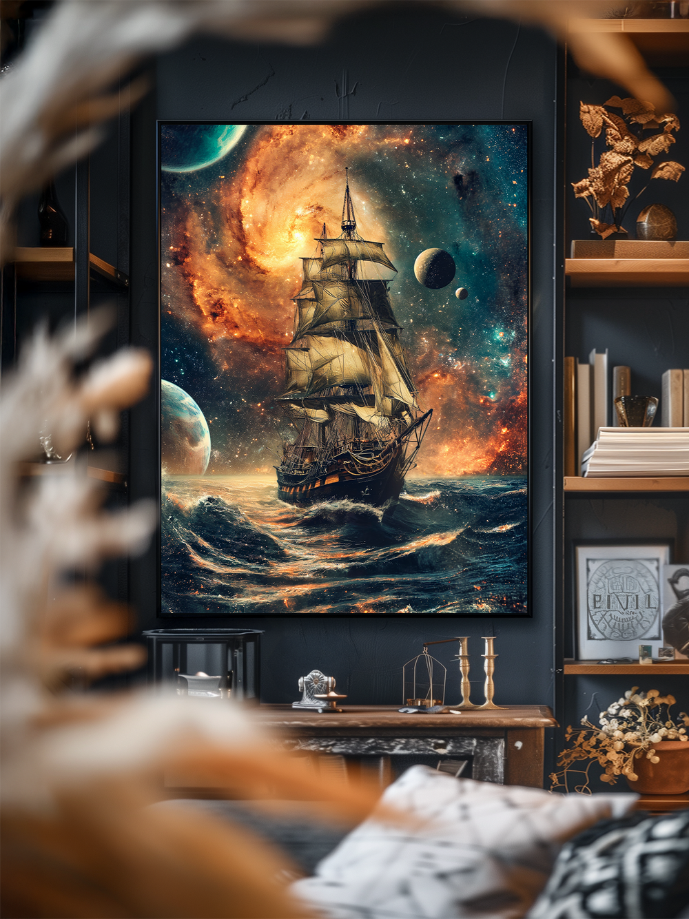 A framed artwork showing an old sailing ship navigating turbulent ocean waves under a dramatic cosmic sky filled with colorful nebulae and multiple planets, hanging on a dark wall in an elegant living room with shelves holding books, candles, and decorative items, creating a sophisticated and imaginative interior atmosphere.