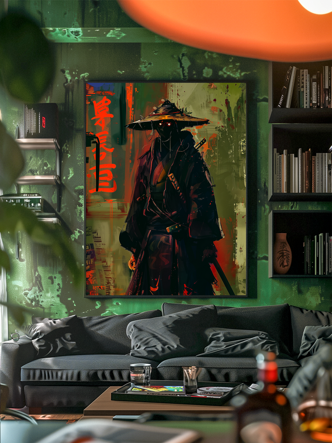 A close-up front-facing view of a modern student living room with dark green subtly textured walls featuring a large framed samurai-themed poster in a minimalist black frame. The room includes built-in shelves with books and simple decor, a comfortable dark gray sofa with layered cushions, a wooden coffee table with drinks, magazines and candles, and realistic blurred foreground objects for depth. Warm orange lighting adds a cozy, lived-in atmosphere that complements the poster’s bold red and green tones.
