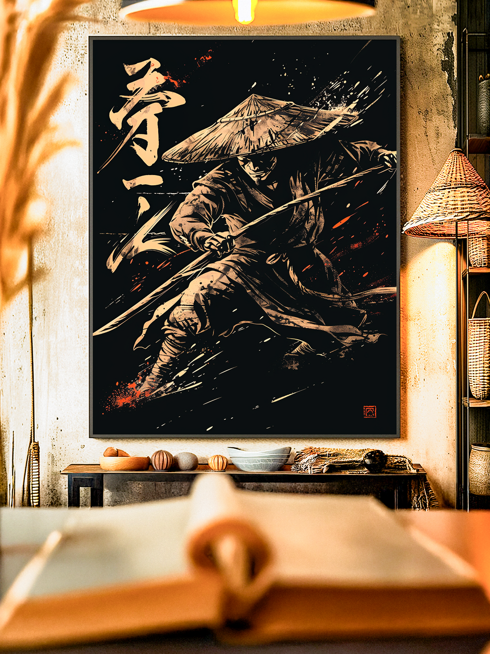 Powerful artwork of a samurai warrior in a straw hat wielding a katana, illustrated in a dynamic ink brush style with bold strokes and Japanese calligraphy. The design combines traditional Japanese art elements with modern poster aesthetics, creating a striking wall piece that embodies strength, discipline, and cultural heritage.