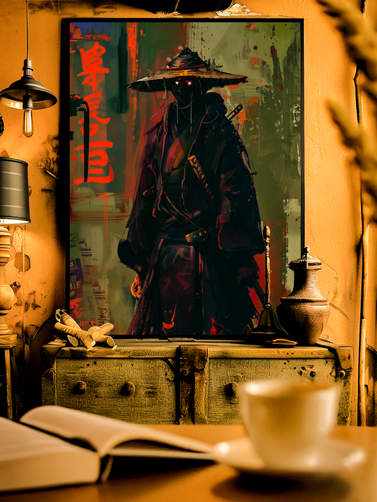 Decorative samurai warrior poster featuring a shadowy figure with straw hat, glowing red neon Japanese calligraphy, and bold brush textures, displayed in a rustic cozy room with vintage furniture and warm lighting.
