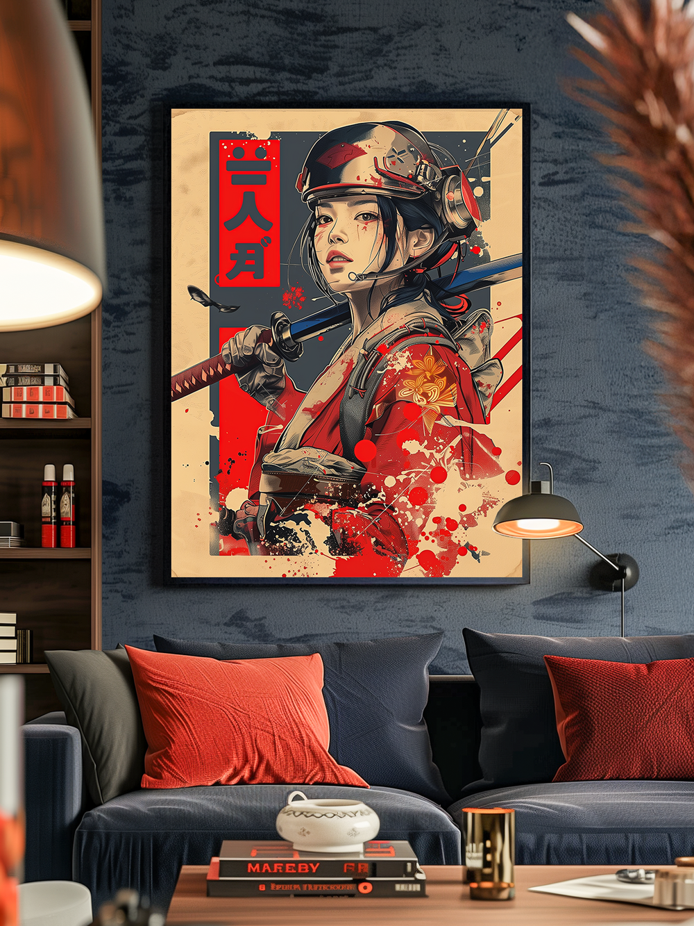 A framed poster of a female samurai in a red kimono and helmet with a katana, displayed on a textured navy wall. The room features a dark blue velvet sofa with red and navy cushions, warm lighting, and a modern gold-accented coffee table, creating a dramatic and cohesive interior with Japanese influences.