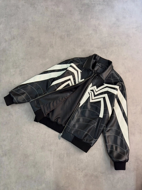 Y2K American Vintage Fashion Spider Patchwork PU Leather Jacket Loose Zipper Jacket Men All Embroidered Lapel Jacket Denim Coat