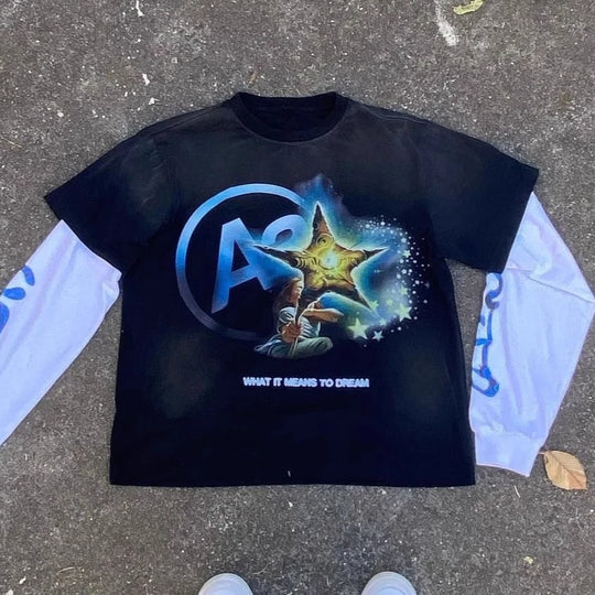 High Street Graphic Fake Two-Piece Long Sleeve T-Shirt Men Women Streetwear 'What It Means to Dream' Print Oversized Casual Top