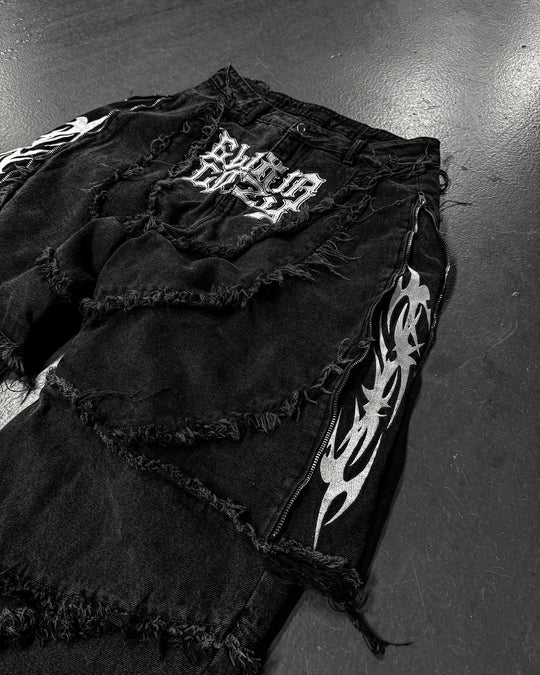 Elixir X Cozy Detachable Jeans Retro Punk Streetwear Ziipper Patchwork Stripe Denim Pants Men Black Baggy Hip Hop Splicing Jeans
