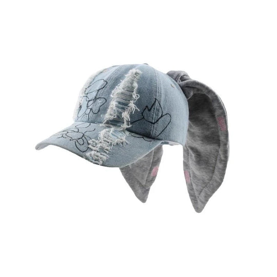 Celebrity-Inspired Niche Rabbit Ear Denim Ripped Baseball Cap Washed Graffiti Hip-Hop Sun Hat Trendy Cap
