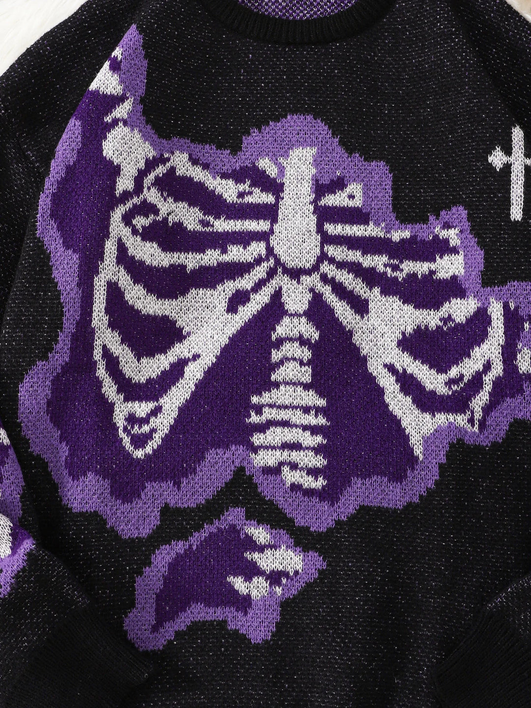 New Popular Spring and Autumn Bone-Shaped Butterfly Jacquard Pattern Pullover Sweater Casual round Neck Contrast Color Knitted M