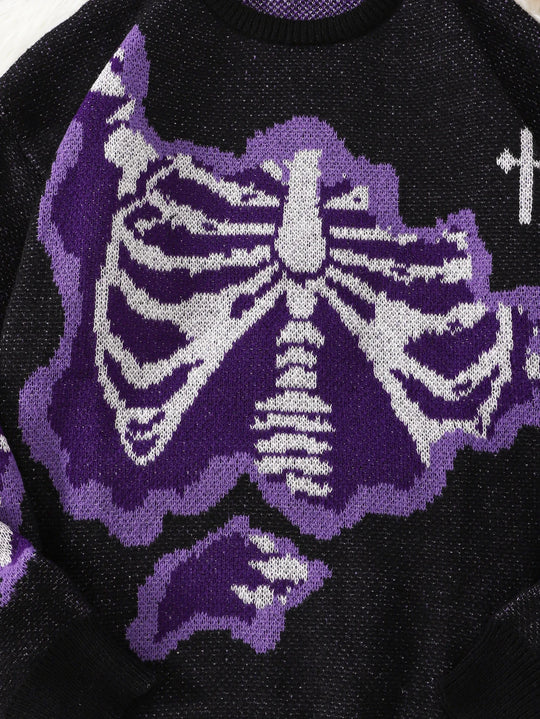 New Popular Spring and Autumn Bone-Shaped Butterfly Jacquard Pattern Pullover Sweater Casual round Neck Contrast Color Knitted M