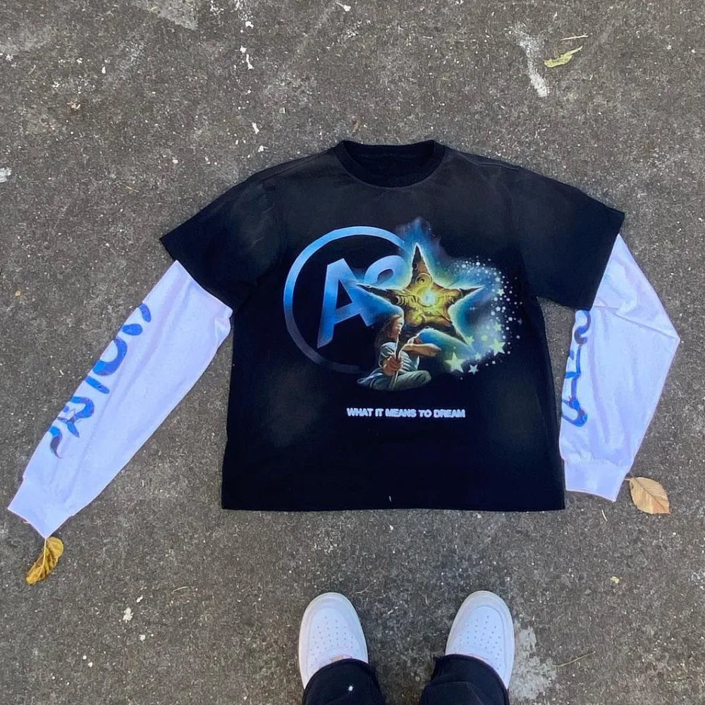 High Street Graphic Fake Two-Piece Long Sleeve T-Shirt Men Women Streetwear 'What It Means to Dream' Print Oversized Casual Top