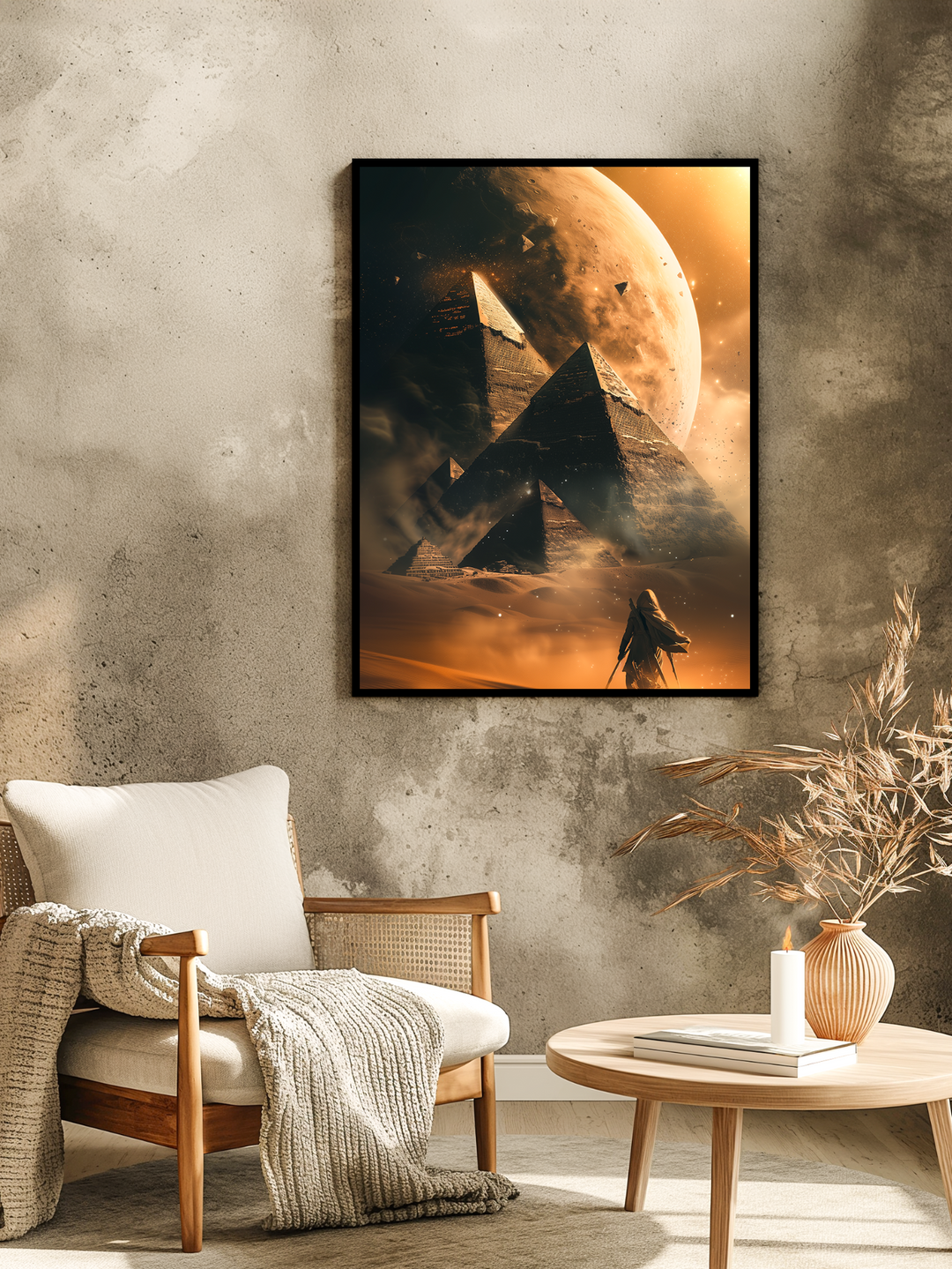 Framed sci-fi poster of ancient pyramids and a glowing alien planet displayed in a bright boho-style living room with wooden furniture, natural textures, and earthy decor. Ideal for interior design inspiration combining fantasy wall art and cozy minimalist aesthetics with a desert-inspired atmosphere.
