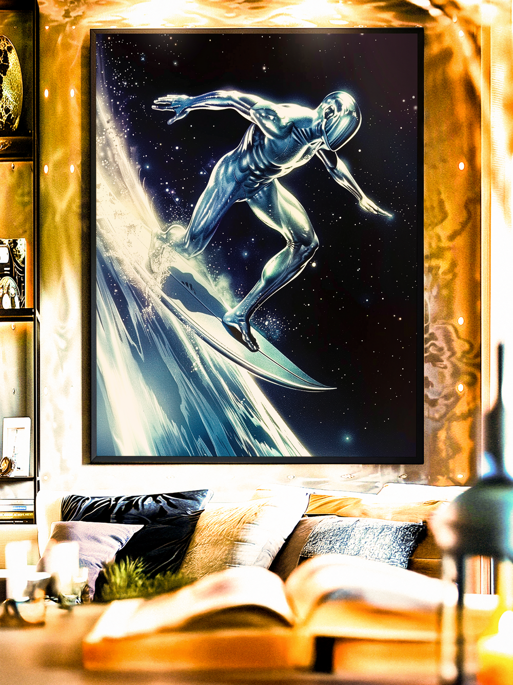 Premium art print of a futuristic silver character surfing across the universe, highlighted with glowing light effects and galactic atmosphere. Great for gaming rooms, living spaces and sci fi collections.