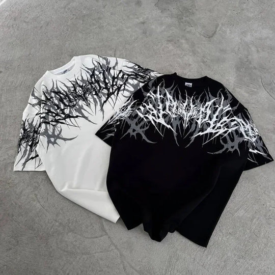 Cyberpunk Gothic T Shirt Edgy Thorn Texture Print Pure Cotton Streetwear Fashion Graphic Tee Urban Style Comfortable Fit