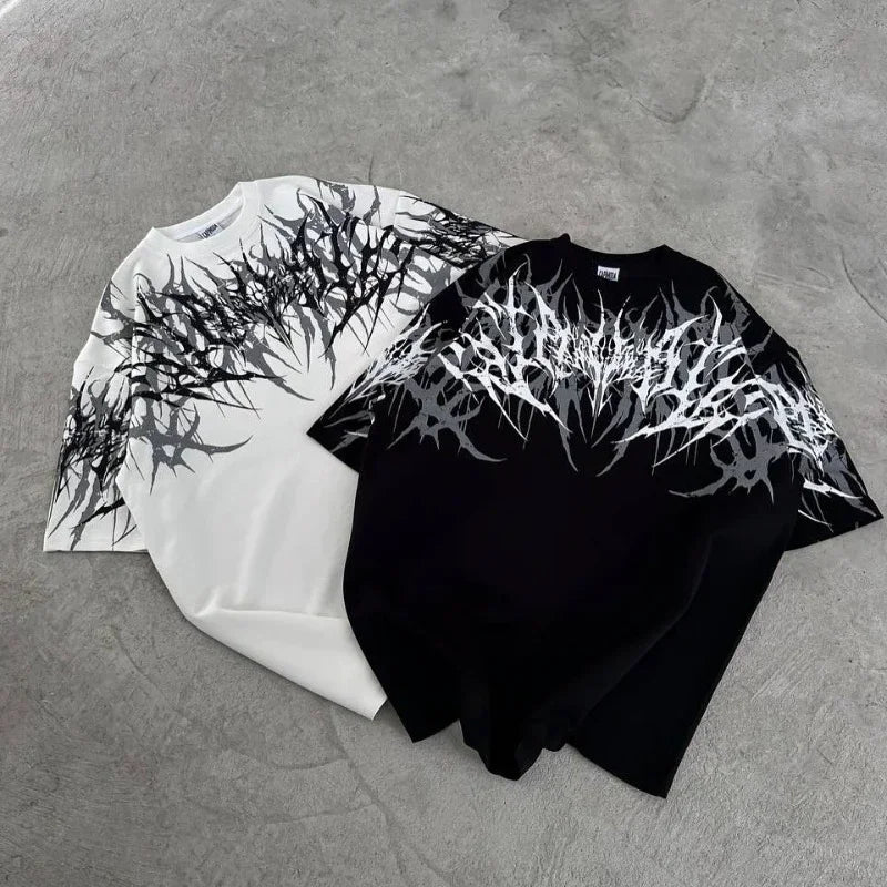 Cyberpunk Gothic T Shirt Edgy Thorn Texture Print Pure Cotton Streetwear Fashion Graphic Tee Urban Style Comfortable Fit