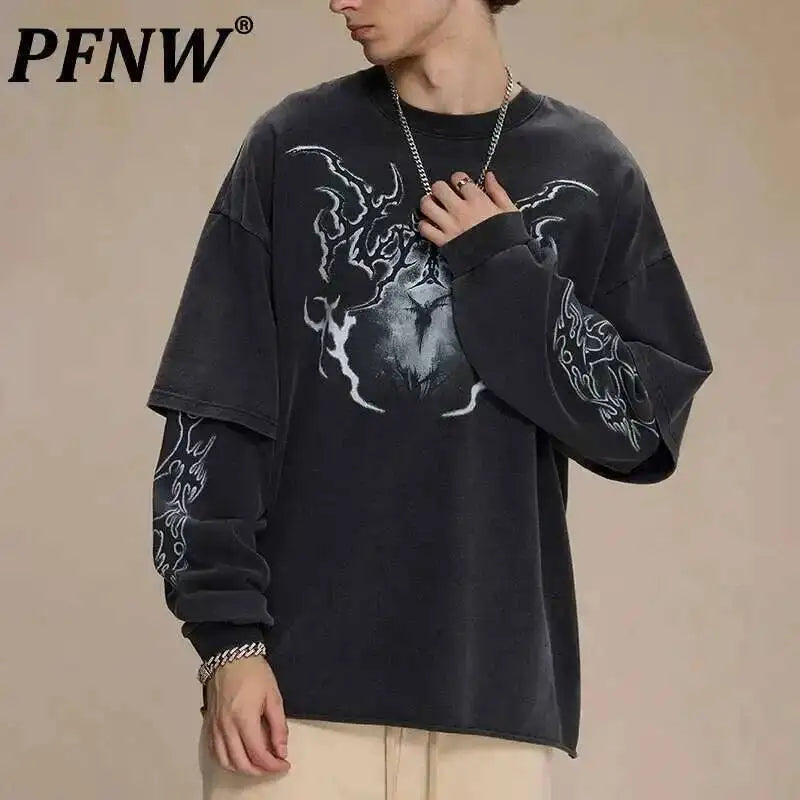 2025 Spring New American Vintage Fake Two Piece Printting Long Sleeve T-Shirts Men'S High Street Loose Causal Pullover Top