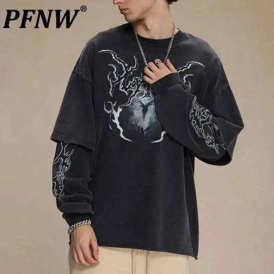 2025 Spring New American Vintage Fake Two Piece Printting Long Sleeve T-Shirts Men'S High Street Loose Causal Pullover Top