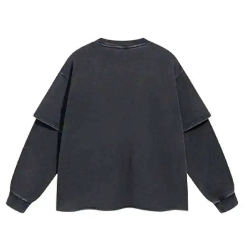 2025 Spring New American Vintage Fake Two Piece Printting Long Sleeve T-Shirts Men'S High Street Loose Causal Pullover Top