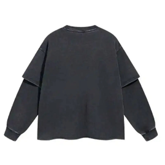 2025 Spring New American Vintage Fake Two Piece Printting Long Sleeve T-Shirts Men'S High Street Loose Causal Pullover Top