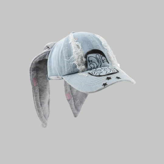 Celebrity-Inspired Niche Rabbit Ear Denim Ripped Baseball Cap Washed Graffiti Hip-Hop Sun Hat Trendy Cap