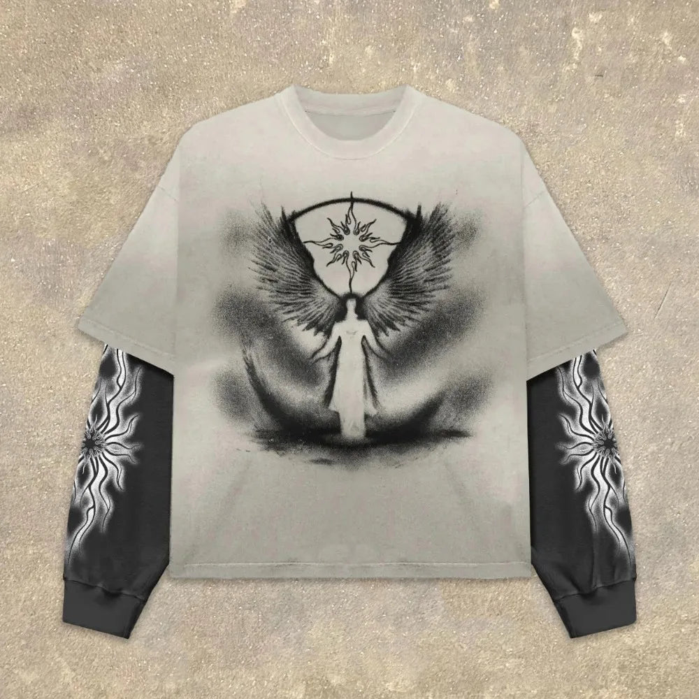 High Street Graphic Fake Two-Piece Long Sleeve T-Shirt Men Women Streetwear 'What It Means to Dream' Print Oversized Casual Top