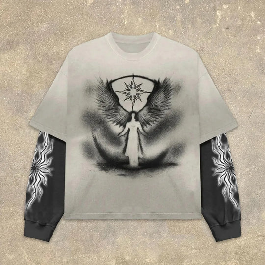 High Street Graphic Fake Two-Piece Long Sleeve T-Shirt Men Women Streetwear 'What It Means to Dream' Print Oversized Casual Top