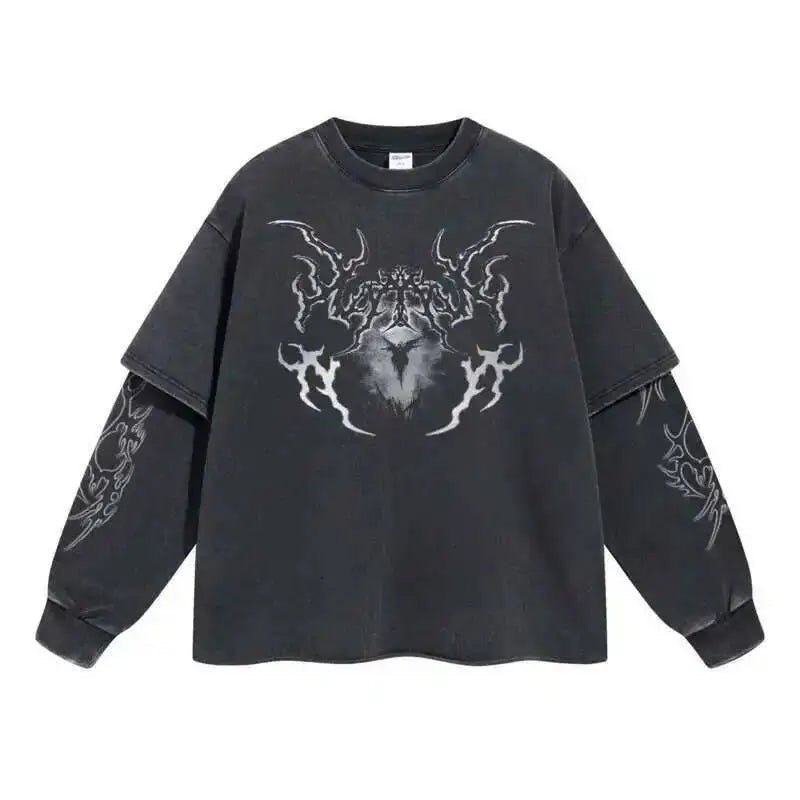 2025 Spring New American Vintage Fake Two Piece Printting Long Sleeve T-Shirts Men'S High Street Loose Causal Pullover Top