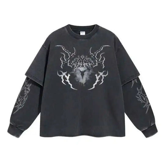 2025 Spring New American Vintage Fake Two Piece Printting Long Sleeve T-Shirts Men'S High Street Loose Causal Pullover Top