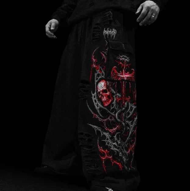 Retro Washed Black Work Pants for Men, Y2K Multi Pocket Zipper, Thick Floral Embroidery, Wide Leg Denim Pants, Street Wear