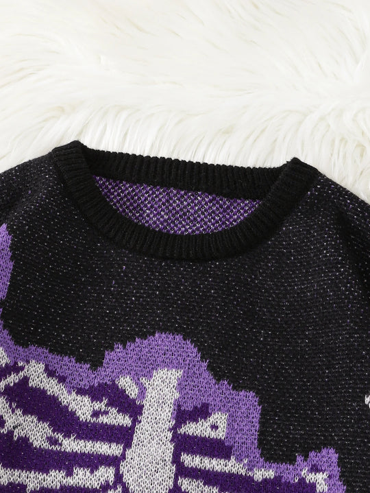 New Popular Spring and Autumn Bone-Shaped Butterfly Jacquard Pattern Pullover Sweater Casual round Neck Contrast Color Knitted M