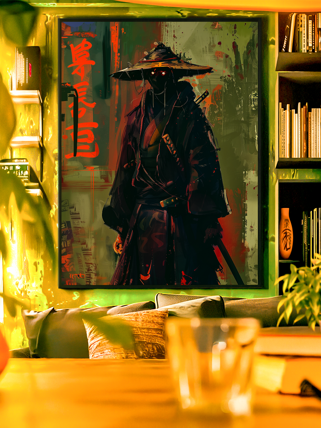 Atmospheric samurai wall art showcasing a mysterious shadow warrior with a straw hat, glowing eyes, and bold red Japanese calligraphy on a textured background. This Japanese warrior artwork blends dark fantasy style with Asian aesthetics, making it ideal for modern interiors, gaming rooms, or dramatic wall galleries.