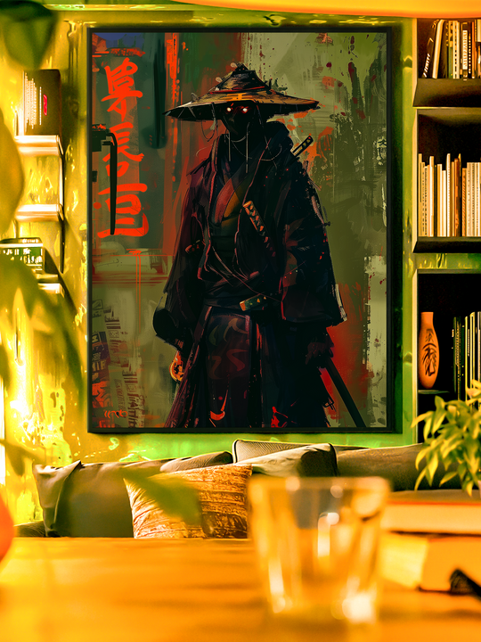 Atmospheric samurai wall art showcasing a mysterious shadow warrior with a straw hat, glowing eyes, and bold red Japanese calligraphy on a textured background. This Japanese warrior artwork blends dark fantasy style with Asian aesthetics, making it ideal for modern interiors, gaming rooms, or dramatic wall galleries.