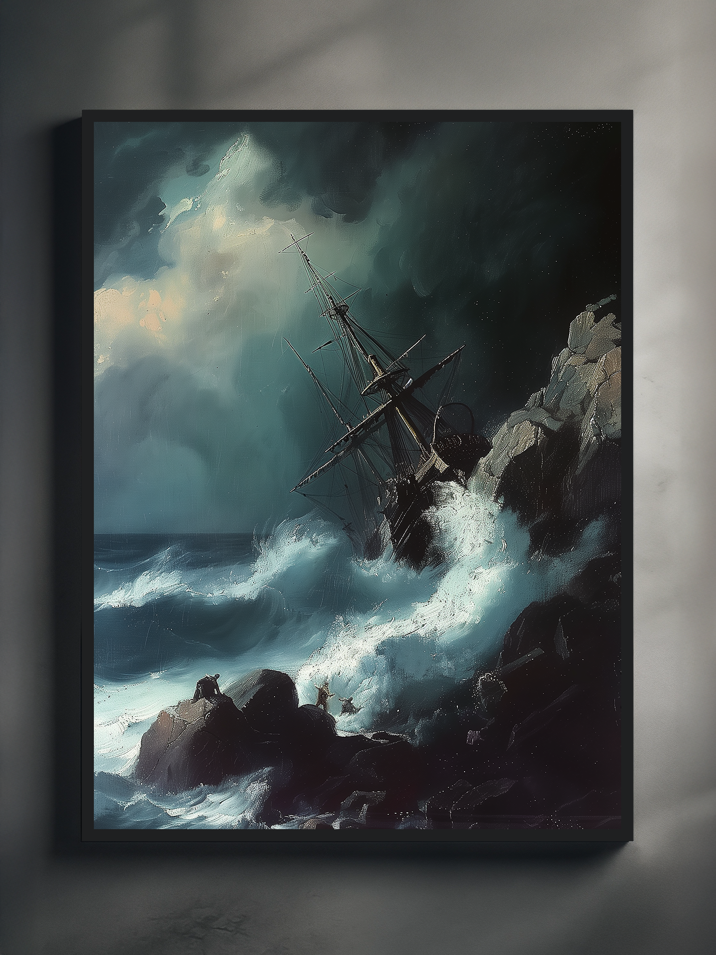 Dramatic ocean artwork of a ship crashing into coastal rocks during a storm, inspired by the realistic and atmospheric painting style of Ivan Aivazovsky.