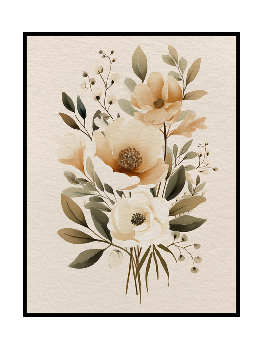 Elegant botanical wall art poster featuring a delicate bouquet of soft cream flowers with muted green leaves and fine stems on a light neutral background. Airy floral illustration with gentle shapes and a calming, timeless aesthetic. Refined nature-inspired artwork designed as modern wall art for bedrooms, living rooms or minimalist interiors.