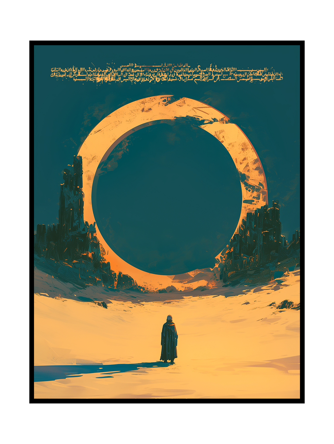 A lone, cloaked figure stands in an endless sandy expanse facing a vast, weathered circular structure rising from the ruins, with subtle calligraphic elements above. The scene feels meditative and timeless, blending sci-fi symbolism with ancient architecture and a sense of quiet transcendence.