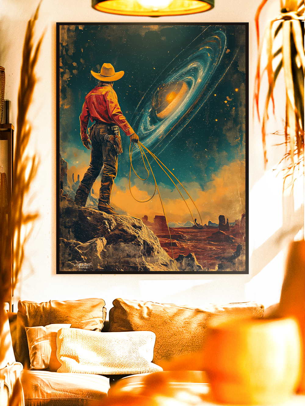 Framed retro-futuristic poster featuring a lone cowboy overlooking an Arizona-inspired desert landscape beneath a glowing galaxy sky. A cinematic sci-fi western art print blending warm desert tones with deep teal night skies. Perfect galaxy wall art for modern interiors, inspired by Arizona’s vast canyons and Western atmosphere.