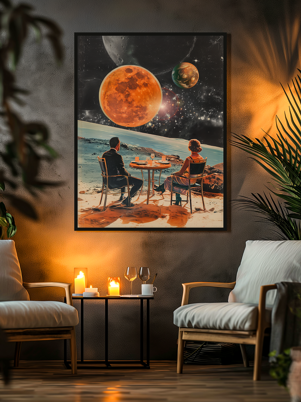 A retrofuturistic sci-fi poster showing a couple dining under alien planets hangs centrally in a warm, cozy living room. The scene includes ambient lighting, candles, elegant armchairs, and leafy plants, creating a stylish and inviting interior with a touch of cosmic wonder.