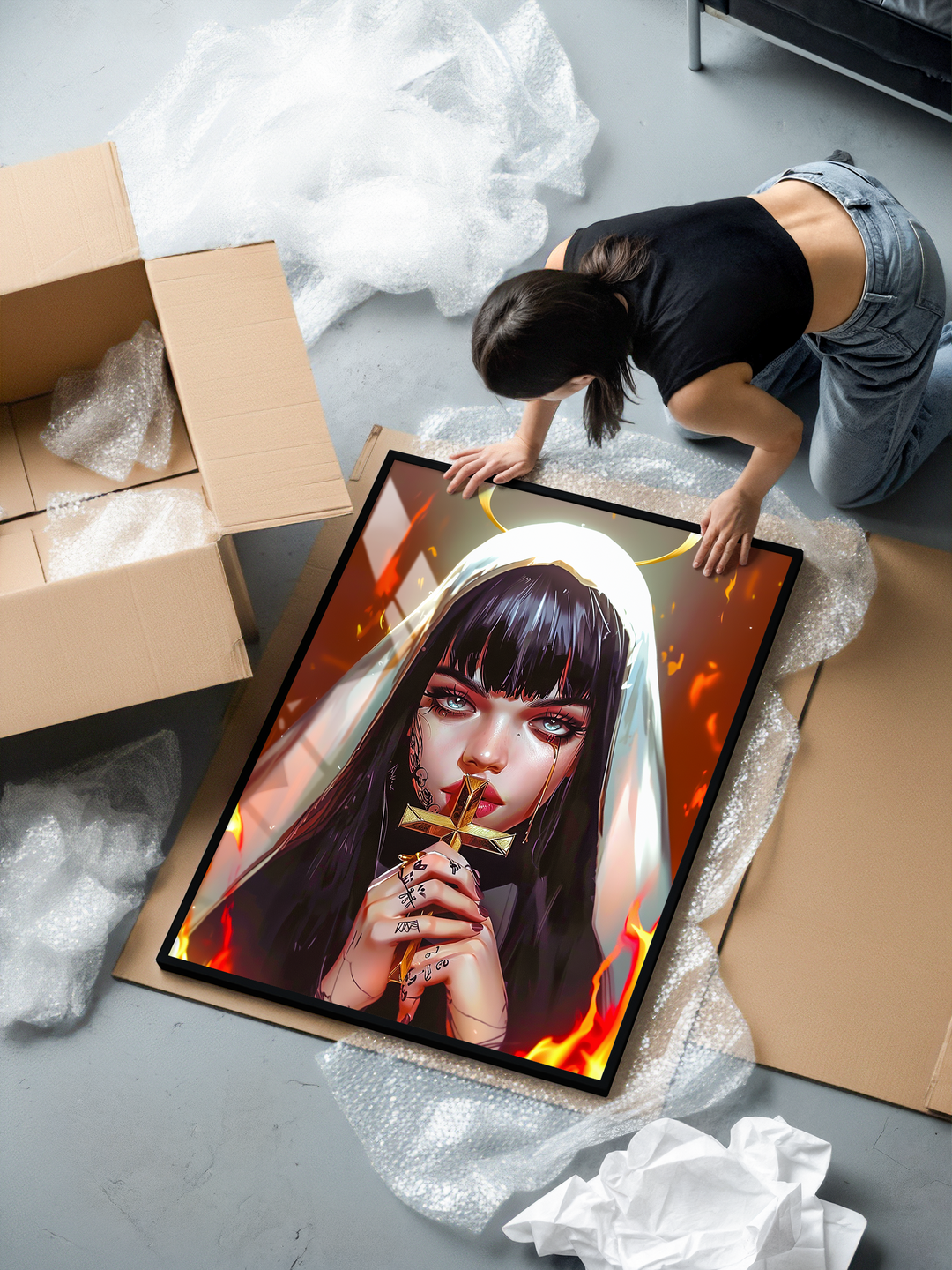 A premium framed art print depicting a young nun holding a cross close to her face, symbolizing faith and inner strength. Surrounded by rising flames and illuminated by a glowing golden halo, the artwork blends spirituality with dramatic visual storytelling. Shown during unpacking with protective packaging, highlighting AconaStudio’s high-quality black aluminum frame, shatterproof plexiglass, and museum-grade matte paper.
