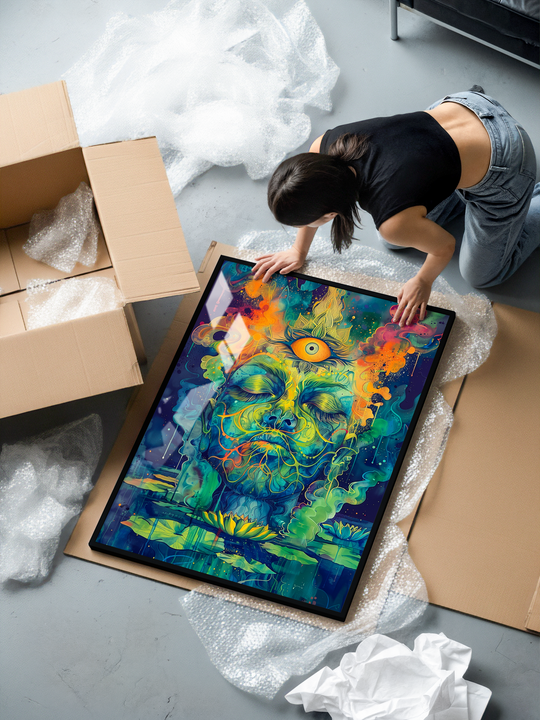 A woman kneels on the floor unboxing a large framed poster surrounded by bubble wrap and cardboard. The artwork shows a serene meditative face with closed eyes, floating above a calm lake with blooming lotus flowers. A glowing third eye sits at the center of the forehead. Soft but vibrant psychedelic colors in green, blue, yellow, and orange blend into fluid shapes, creating a peaceful, spiritual atmosphere inspired by yoga, mindfulness, and inner balance.
