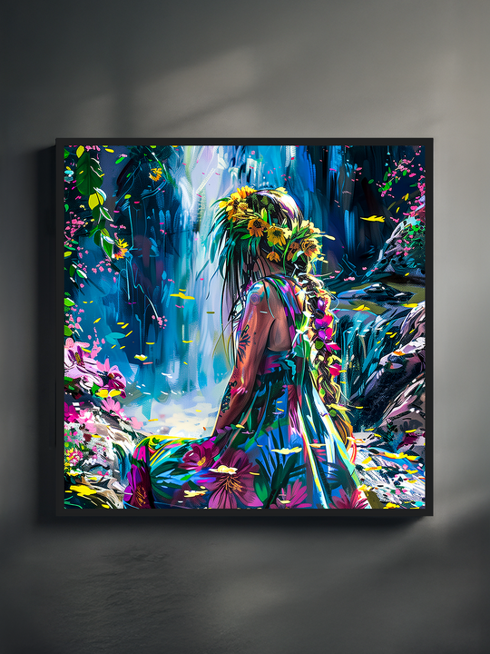 Square-format fantasy art print showing a woman in a colorful floral dress and flower crown sitting near a glowing waterfall, surrounded by lush jungle vegetation and vivid colors.