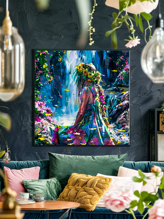 A square black-framed poster with a colorful jungle scene featuring a woman with a flower crown hangs on a dark textured wall. The modern living room includes a green velvet sofa decorated with floral and velvet pillows in pink, green, and mustard yellow. Hanging plants, pendant lights, and blurred flowers in the foreground add depth and atmosphere, creating a cozy and vibrant space with bold contrasts.