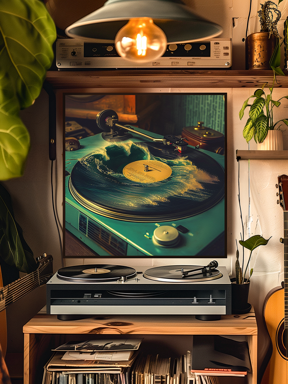 Square framed artwork of a turquoise record player with ocean waves on the vinyl, hanging on the wall in a cozy music-themed room with a turntable, guitar, plants, and warm overhead lighting.