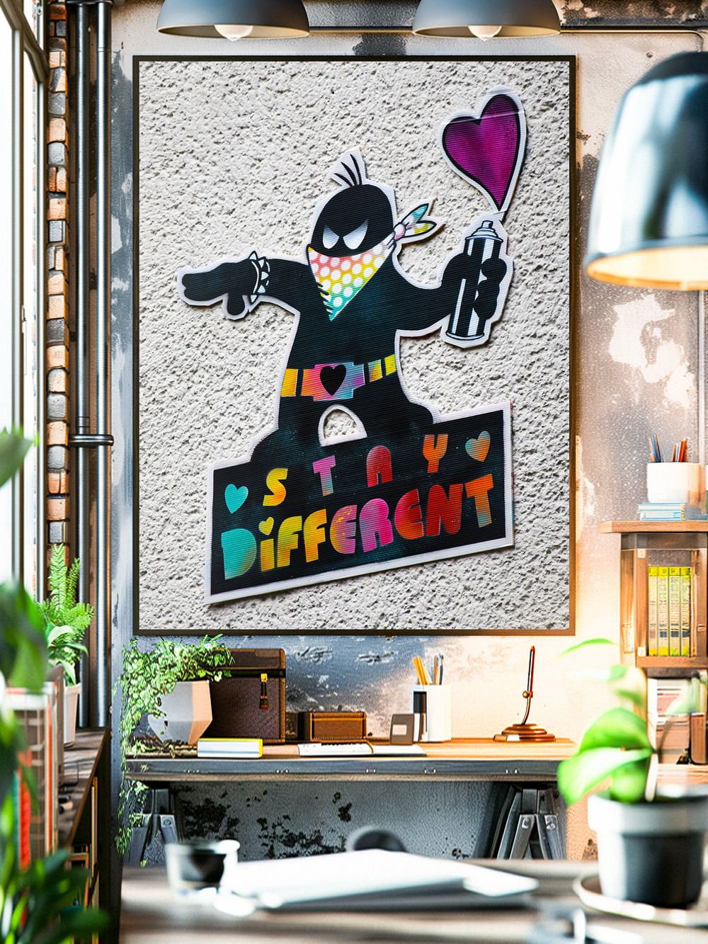 Colorful street art poster showing a masked figure spraying a heart with the words “Stay Different,” symbolizing LGBTQ pride, love, diversity, peace, and individuality.