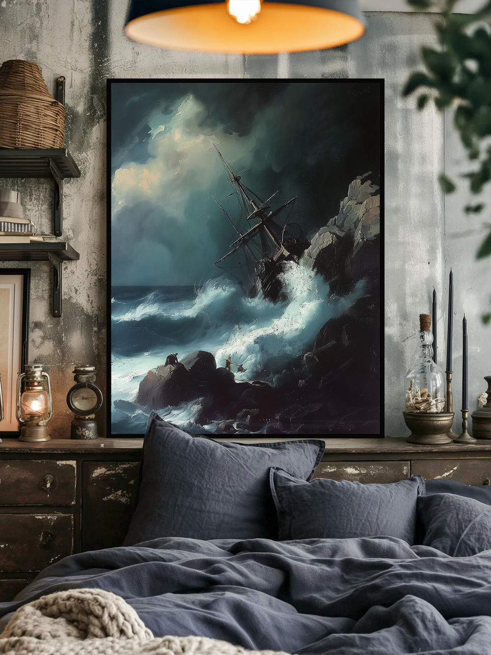 Large framed painting in the style of Ivan Aivazovsky depicting a shipwreck in a stormy sea, displayed in a rustic bedroom with textured concrete walls, vintage decor, woven basket shelves, and navy bedding for a dramatic nautical ambiance.
