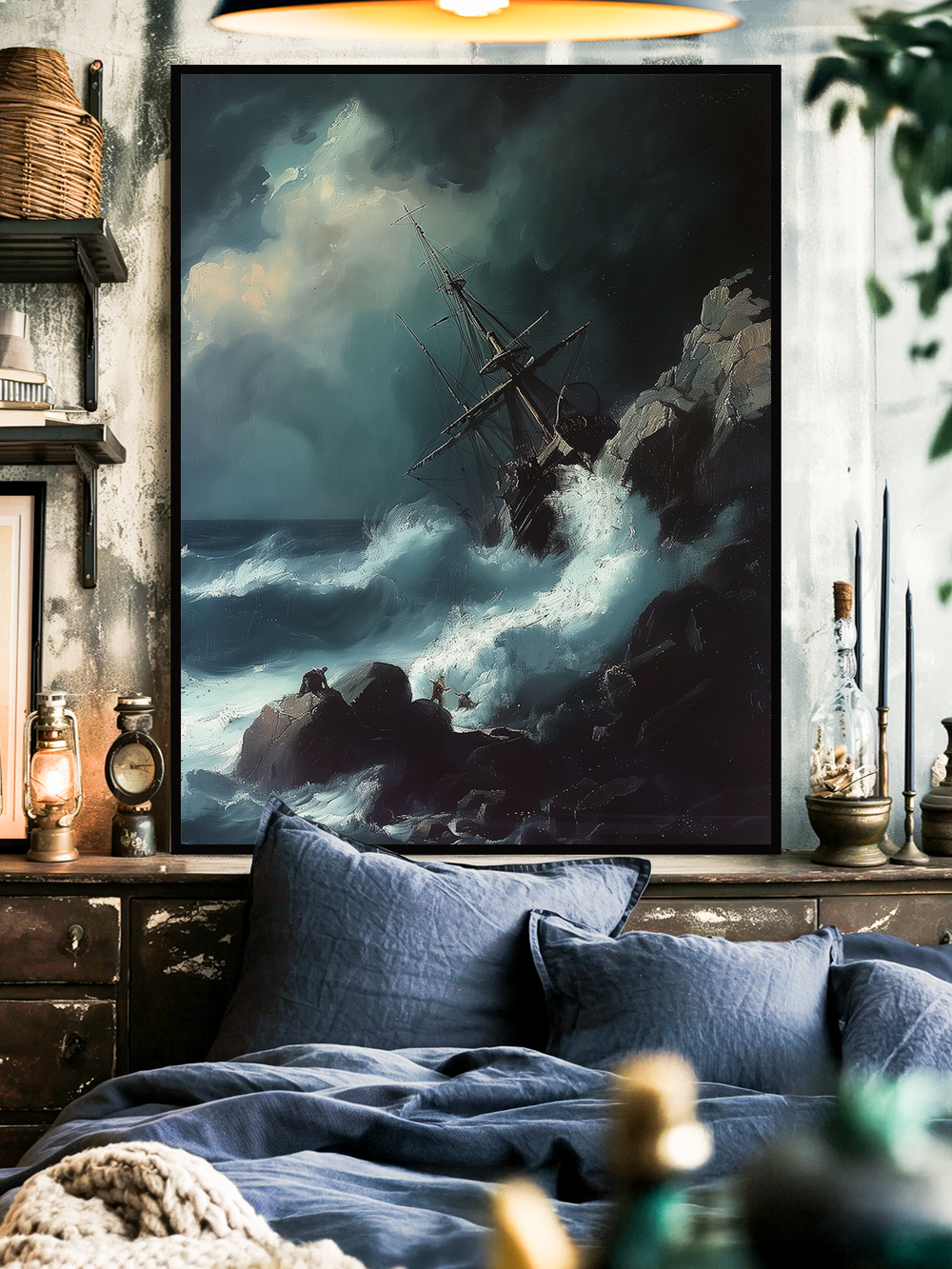Dramatic wall art of a stormy ocean with a shipwreck crashing into rocks, styled in a cozy vintage bedroom with nautical accents and rustic decor.