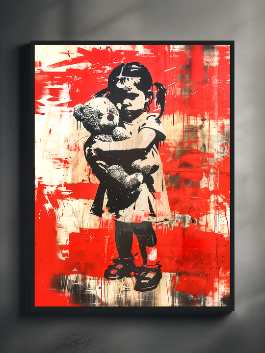 Bold urban street art print showing a small girl holding a teddy bear, rendered in black and white with heavy paint splashes and drips on a vivid red abstract background.