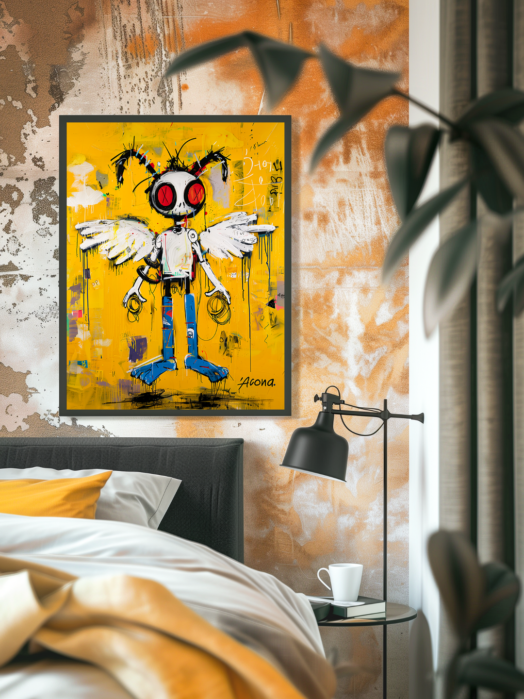 Colorful framed poster showing a graffiti-style figure with wings, red eyes, and blue legs, mounted on a textured orange and white wall above a modern bed. The room features warm bedding in yellow and white tones, a black wall lamp, a small bedside table with a cup, and blurred leaves in the foreground, creating a relaxed and stylish atmosphere.