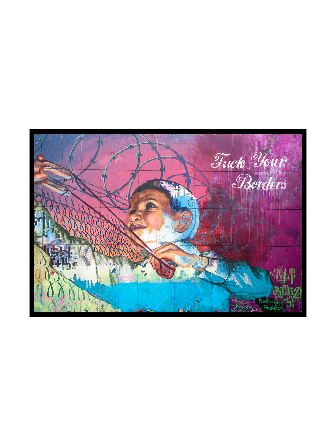 Expressive street art wall art poster depicting a young child reaching through a barbed wire fence, symbolizing hope, freedom, and resistance. The artwork combines layered graffiti textures, bold brush strokes, and vibrant pink, blue, and teal tones, with urban typography reading “Fuck Your Borders.” Powerful contemporary wall art poster inspired by street art and social commentary, designed to make a strong visual statement in modern and creative interiors.