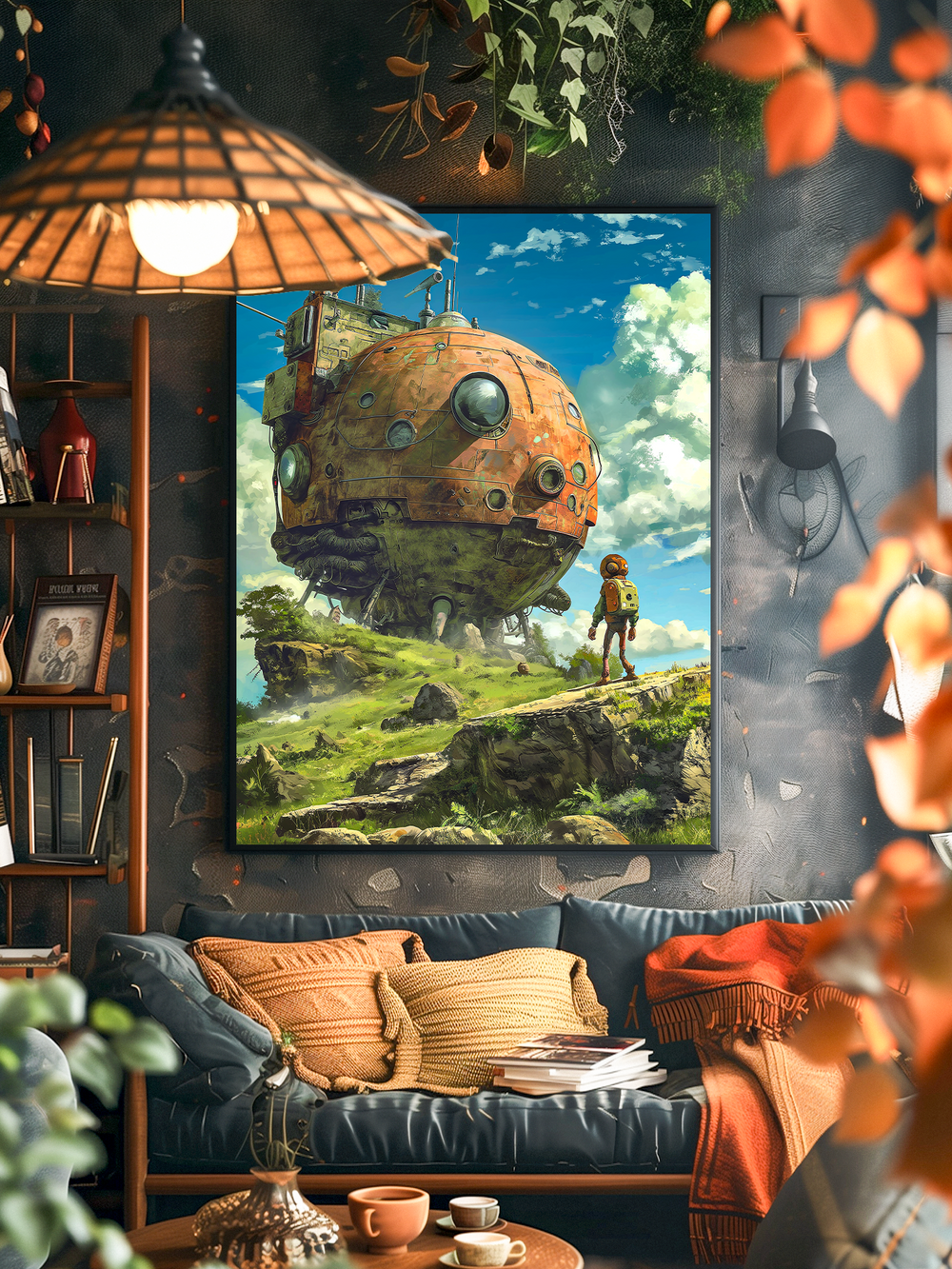 High-quality anime-style poster inspired by Studio Ghibli, featuring a futuristic spherical explorer traveling through a lush green landscape with mountains and blue skies. This detailed wall art print creates a magical and adventurous atmosphere, perfect for fans of Studio Ghibli, science fiction, and nature-inspired artwork.