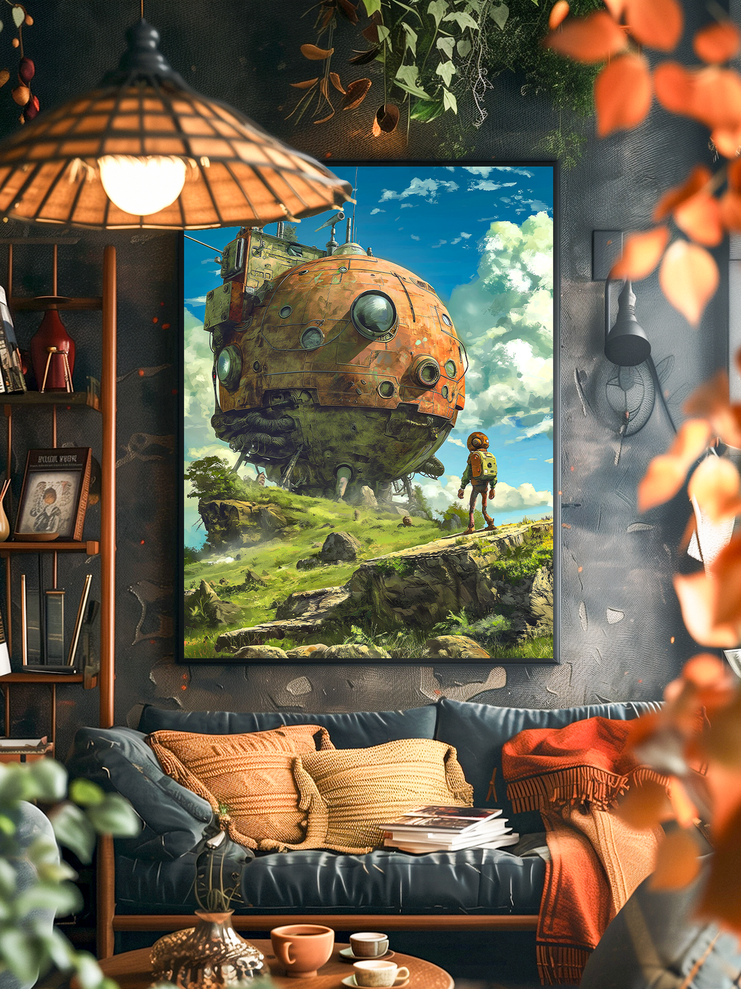 High-quality anime-style poster inspired by Studio Ghibli, featuring a futuristic spherical explorer traveling through a lush green landscape with mountains and blue skies. This detailed wall art print creates a magical and adventurous atmosphere, perfect for fans of Studio Ghibli, science fiction, and nature-inspired artwork.