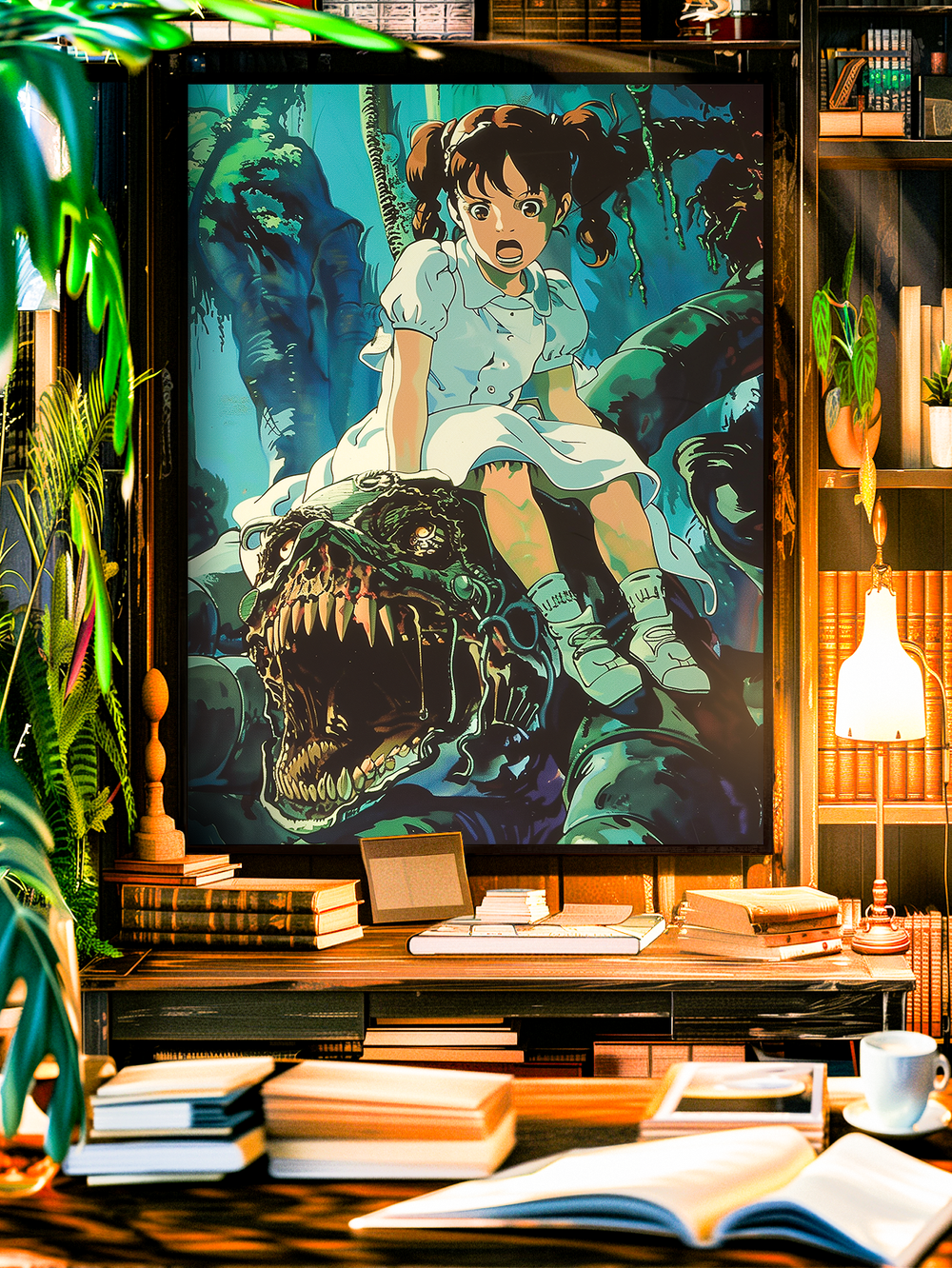 High quality anime poster inspired by Studio Ghibli featuring a young girl in a white dress sitting on a mystical forest creature with sharp teeth, surrounded by lush green nature and fantasy vibes.